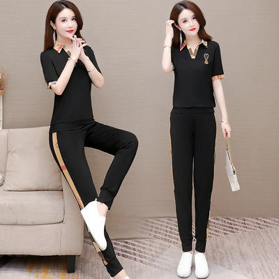 WE- KED16017 时尚两件套装女2021夏新款修身气质优雅短袖翻领大码T恤休闲长裤 商品图1