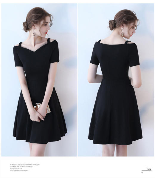 新款春夏吊带短袖赫本V领纯色小黑裙休闲气质百搭蓬蓬连衣裙潮 商品图4