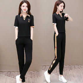 WE- KED16017 时尚两件套装女2021夏新款修身气质优雅短袖翻领大码T恤休闲长裤