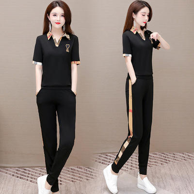 WE- KED16017 时尚两件套装女2021夏新款修身气质优雅短袖翻领大码T恤休闲长裤 商品图0