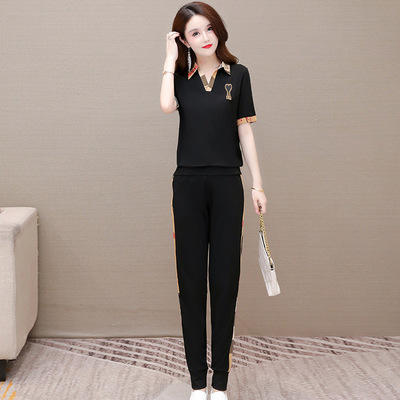 WE- KED16017 时尚两件套装女2021夏新款修身气质优雅短袖翻领大码T恤休闲长裤 商品图3