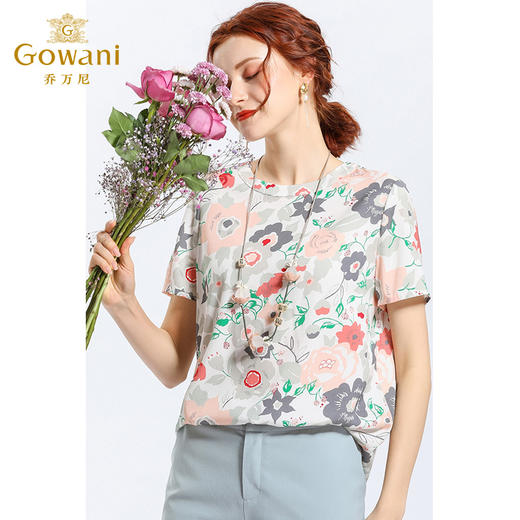 乔万尼夏季简约清新淡雅印花上衣宽松直筒短袖衬衫女韩版EN2C571 商品图2