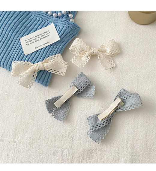【奶蓝色发夹2只装】蕾丝蝴蝶结发圈发饰少女边夹发卡橡皮筋发绳头饰时尚饰品 商品图2