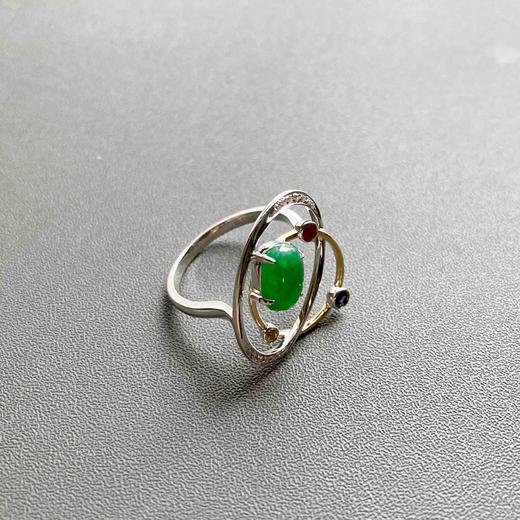 冰种阳绿翡翠蛋面戒指行星18k黄金白金钻石红蓝宝石镶嵌 商品图7