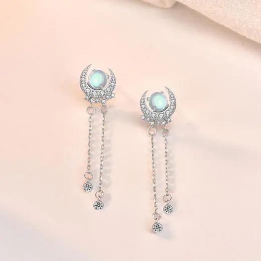 LMSS-EA24时尚皓月星辰月光石耳环流苏百搭s925纯银耳饰 商品图2