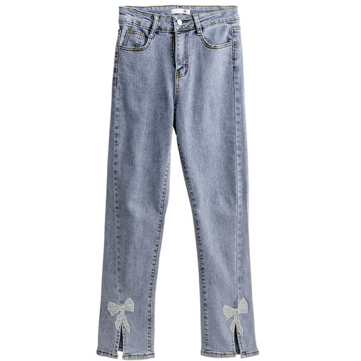 欧芮儿蓝色牛仔裤女夏2021新高腰显瘦时尚气质弹力脚边开叉九分裤 商品图3