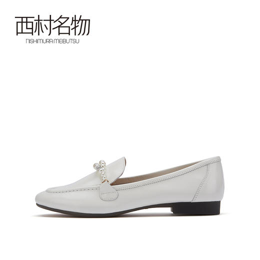 西村名物2021秋季新款方头真皮乐福鞋女反绒珍珠链平底单鞋T21CM34001 商品图1