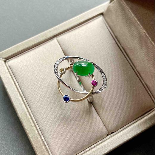 冰种阳绿翡翠蛋面戒指行星18k黄金白金钻石红蓝宝石镶嵌 商品图0