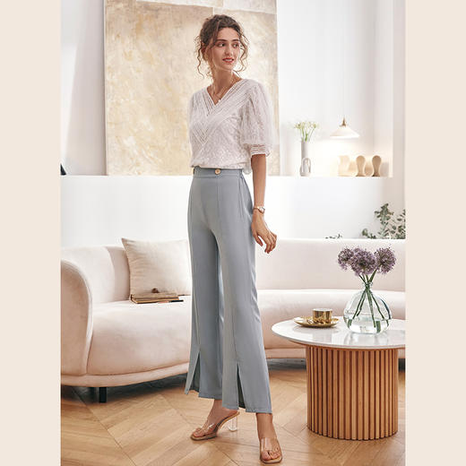 欧芮儿灰绿色休闲裤女2021新夏高腰显瘦宽松开叉垂感薄款阔腿裤子 商品图1