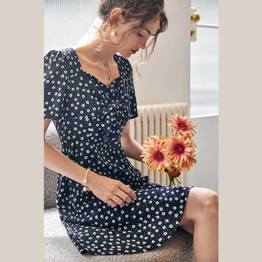 欧芮儿雪纺碎花茶歇连衣裙2021夏收腰显瘦法式复古短袖小个子短裙 商品图2