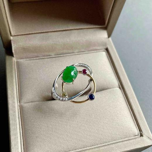 冰种阳绿翡翠蛋面戒指行星18k黄金白金钻石红蓝宝石镶嵌 商品图2