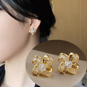 【四叶草小香风设计感】925银耳钉微镶镂空花朵耳环女耳饰时尚饰品