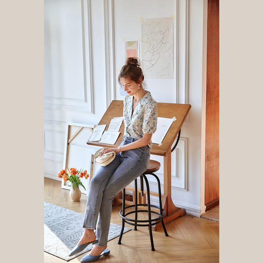 欧芮儿蓝色牛仔裤女夏2021新高腰显瘦时尚气质弹力脚边开叉九分裤 商品图0