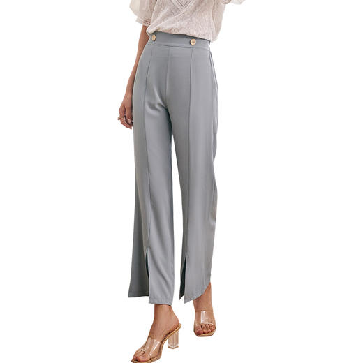 欧芮儿灰绿色休闲裤女2021新夏高腰显瘦宽松开叉垂感薄款阔腿裤子 商品图3