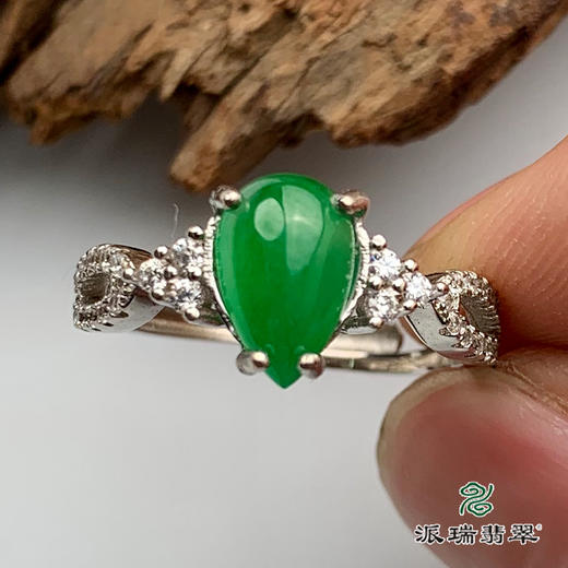 派瑞翡翠 翡翠戒面 冰种 绿色 银托镶嵌 商品图2