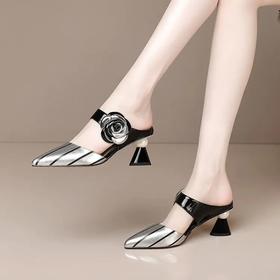 粗跟高跟尖头水钻包头凉拖鞋，女外穿半拖鞋懒人拖 LD-9044