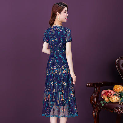 YMR- 8630 2021新妈妈刺绣网纱连衣裙中年女装时尚高端中长款气质裙 商品图1