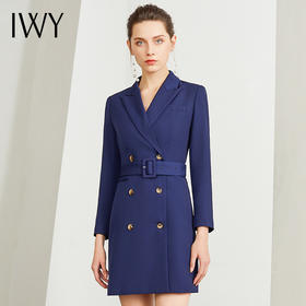 IWY/藏青气质时尚职业西装连衣裙女长袖双排扣修身显瘦通勤上班工作服Q902-N