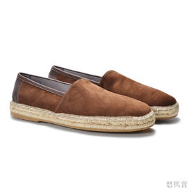 Espadrille 意大利胎羊绒面皮焦糖色手工编织草底鞋