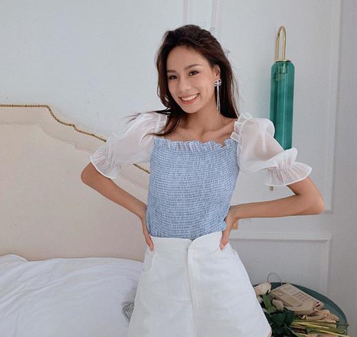 【样品清仓】 Laria Collection法式拼色格纹花边泡泡袖（不支持退换）[福利品] 商品图1