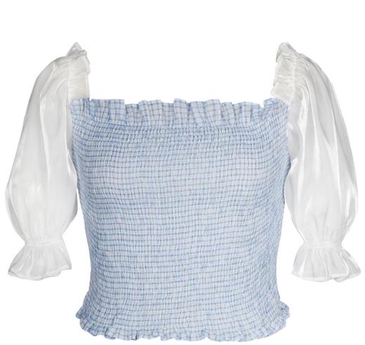 【样品清仓】 Laria Collection法式拼色格纹花边泡泡袖（不支持退换）[福利品] 商品图2