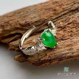 派瑞翡翠 翡翠戒面 冰种 绿色 银托镶嵌