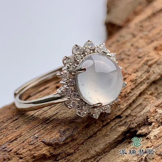 派瑞翡翠 翡翠戒面 冰种 无色 银托镶嵌 商品图1