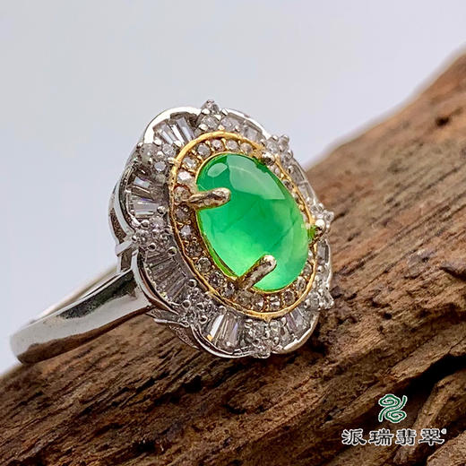 派瑞翡翠 翡翠戒面 冰种 绿色 银托镶嵌 商品图1