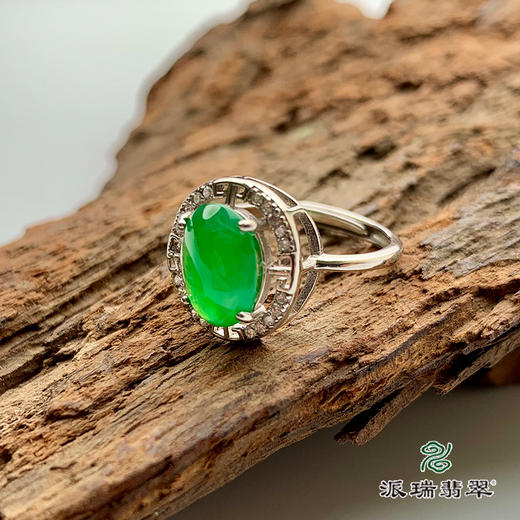 派瑞翡翠 翡翠戒面 冰种 绿色 银托镶嵌 商品图3