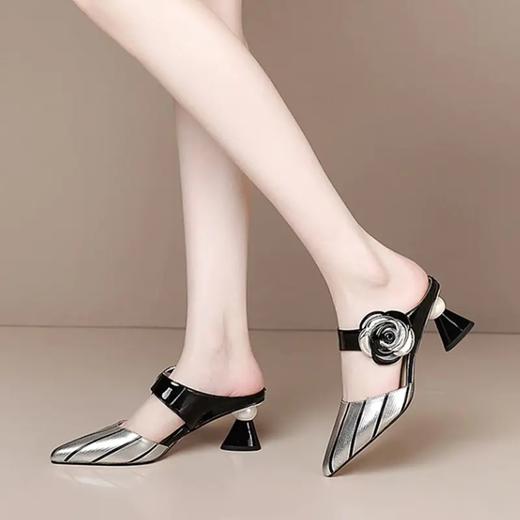 粗跟高跟尖头水钻包头凉拖鞋，女外穿半拖鞋懒人拖 LD-9044 商品图2