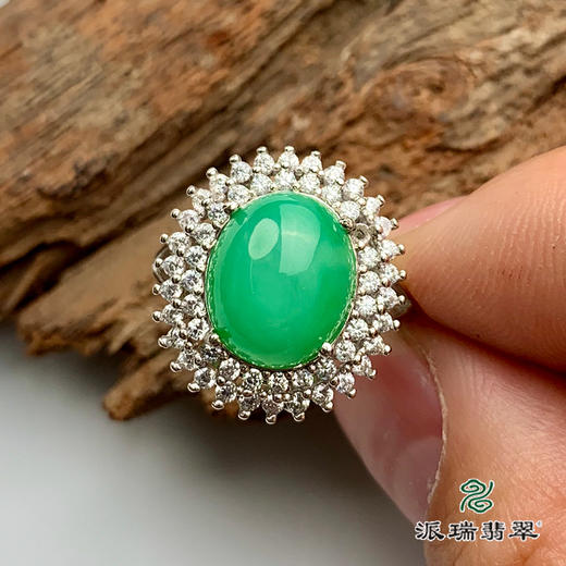 派瑞翡翠 翡翠戒面 糯种 绿色 银托镶嵌 商品图2