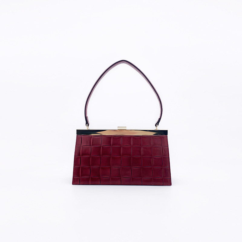 SAFICOO 复古酒红色方格纹 梯形真皮手提包 单肩包