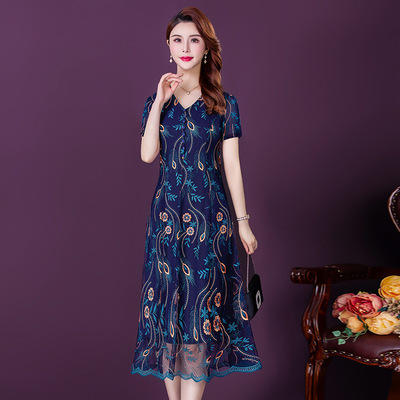 YMR- 8630 2021新妈妈刺绣网纱连衣裙中年女装时尚高端中长款气质裙 商品图2