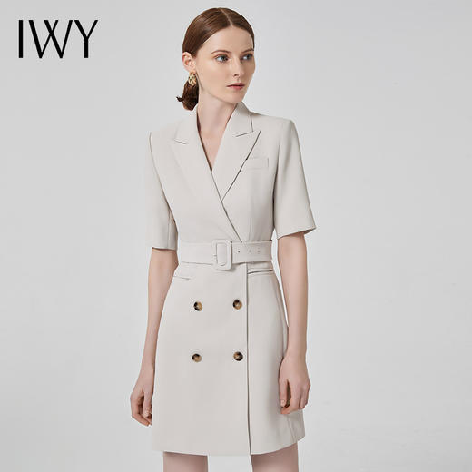 IWY/气质短袖西装连衣裙女双排扣时尚修身职业装OL薄款售楼部工装Q13248杏色 商品图0