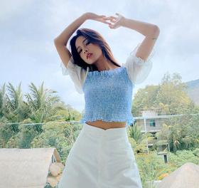 【样品清仓】 Laria Collection法式拼色格纹花边泡泡袖（不支持退换）[福利品]