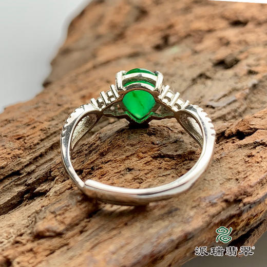 派瑞翡翠 翡翠戒面 冰种 绿色 银托镶嵌 商品图4
