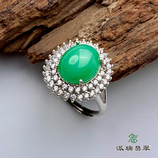 派瑞翡翠 翡翠戒面 糯种 绿色 银托镶嵌 商品图0