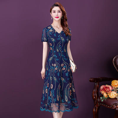 YMR- 8630 2021新妈妈刺绣网纱连衣裙中年女装时尚高端中长款气质裙 商品图0