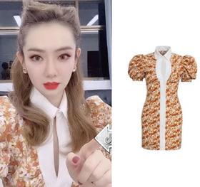 特价秒杀 Masion.W 戚薇同款拼接印花宫廷泡泡袖连衣裙.潮快闪[福利品]