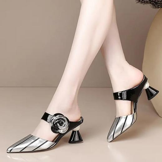 粗跟高跟尖头水钻包头凉拖鞋，女外穿半拖鞋懒人拖 LD-9044 商品图1