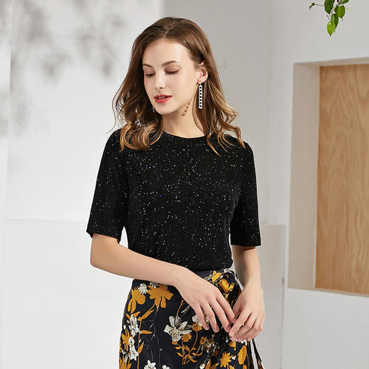 丁摩 夏季薄醋酸针织凉爽亮丝五分袖圆领针织上衣百搭T恤Q121120-HS-DY199 商品图2