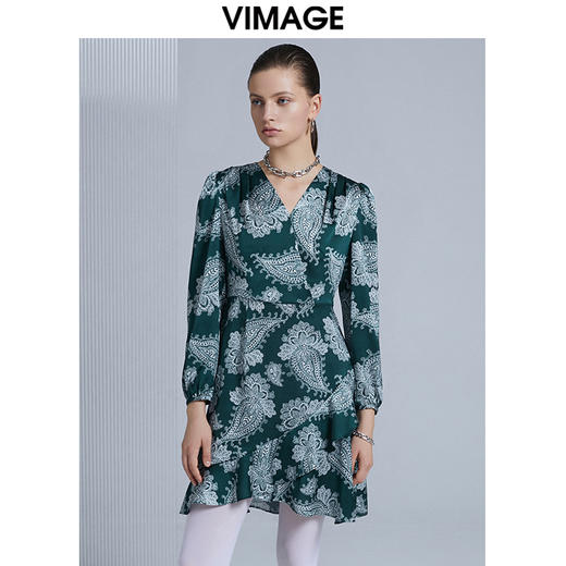 VIMAGE纬漫纪春季新款洋气复古印花收腰A摆显瘦连衣裙女V1507117 商品图3