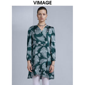 VIMAGE纬漫纪春季新款洋气复古印花收腰A摆显瘦连衣裙女V1507117