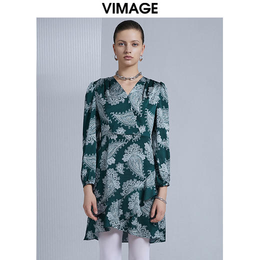 VIMAGE纬漫纪春季新款洋气复古印花收腰A摆显瘦连衣裙女V1507117 商品图0