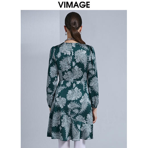 VIMAGE纬漫纪春季新款洋气复古印花收腰A摆显瘦连衣裙女V1507117 商品图4