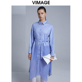 VIMAGE纬漫纪夏季纯色翻领拼接温柔气质百褶衬衫裙高腰绑带显瘦衬衣V1509106