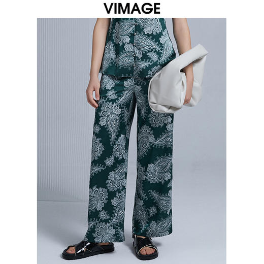VIMAGE纬漫纪夏季薄款宽松印花复古直筒长裤裤子V1505115 商品图5