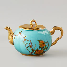 国瓷永丰源 夫人瓷-西湖蓝元杭300ml瓜棱树枝茶壶
