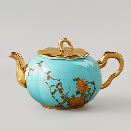 国瓷永丰源 夫人瓷-西湖蓝元杭300ml瓜棱树枝茶壶 商品图0