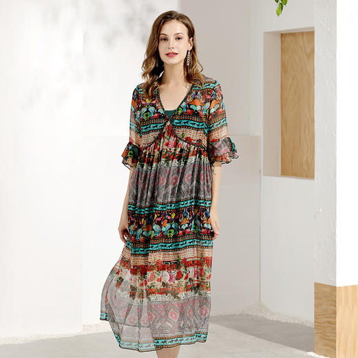 丁摩 夏飘逸沙滩裙桑蚕丝连衣裙女神范真丝裙子 Q121143·图色 商品图4